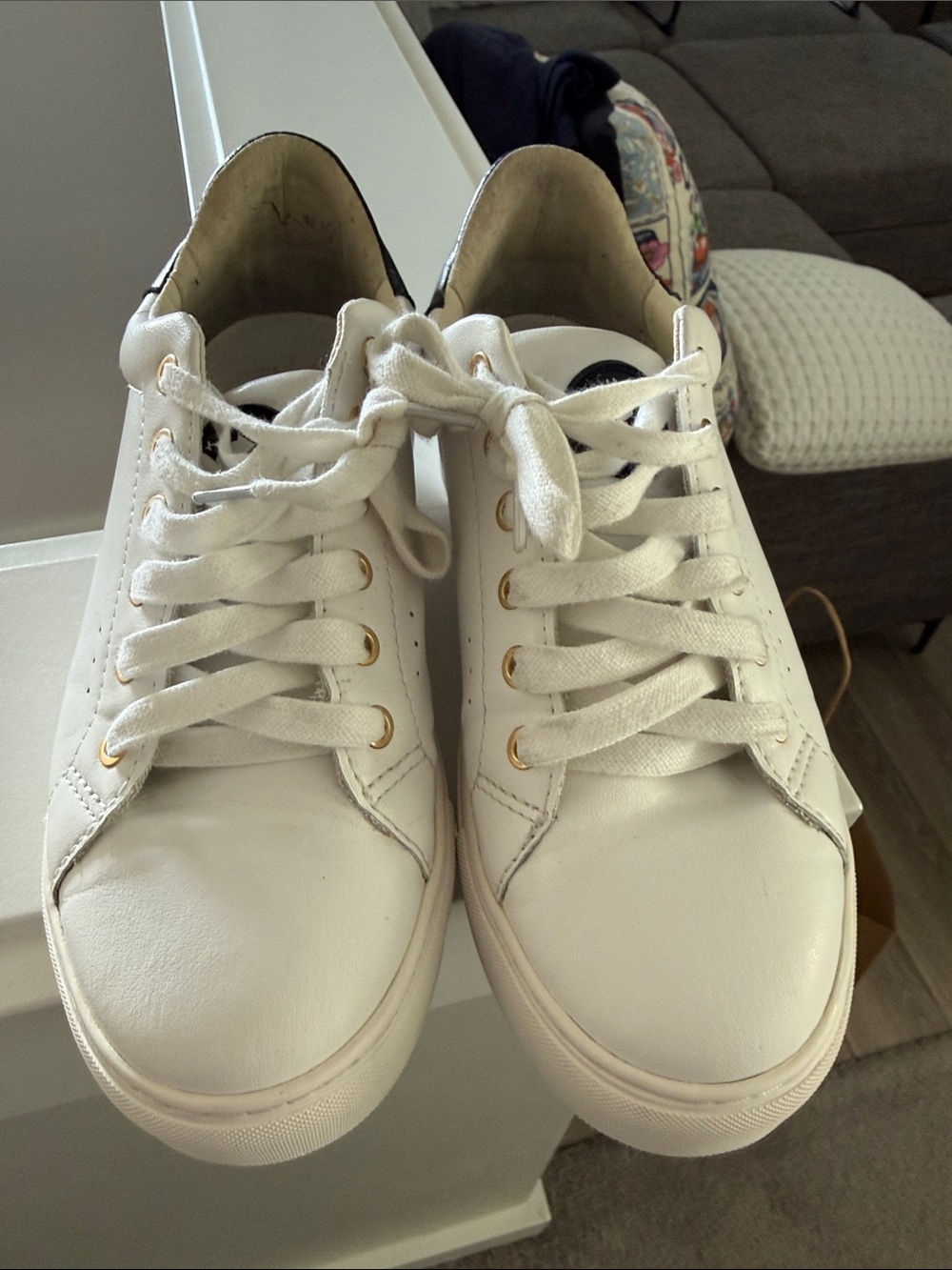 Classic Women's White Leather Sneakers with Gold Eyelets